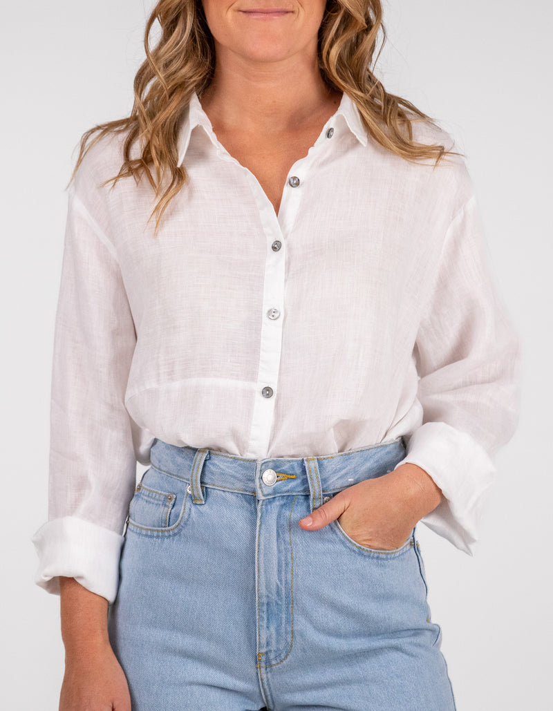 Charlie Long Sleeve Button Front Shirt in White Linen