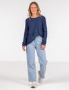 Lennon Long Sleeve Rolled Edge Top in Navy Linen