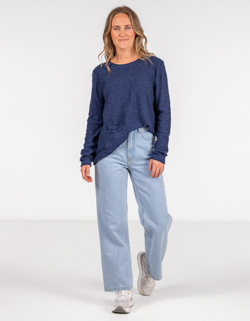 Lennon Long Sleeve Rolled Edge Top in Navy Linen
