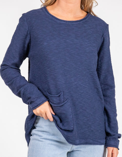 Lennon Long Sleeve Rolled Edge Top in Navy Linen