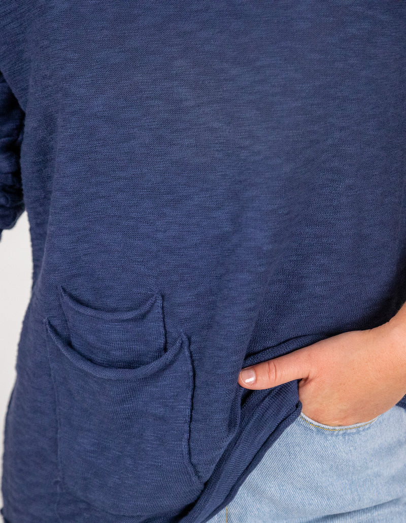 Lennon Long Sleeve Rolled Edge Top in Navy Linen