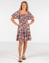 Raya Puff Sleeve Short Dress in Navy/Peach Floral