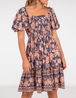 Raya Puff Sleeve Short Dress in Navy/Peach Floral