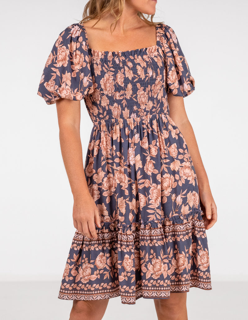 Raya Puff Sleeve Short Dress in Navy/Peach Floral