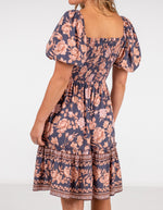 Raya Puff Sleeve Short Dress in Navy/Peach Floral