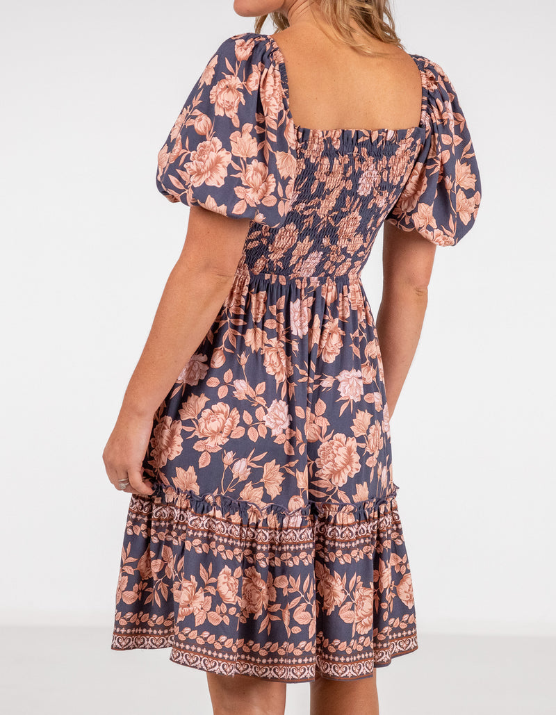 Raya Puff Sleeve Short Dress in Navy/Peach Floral