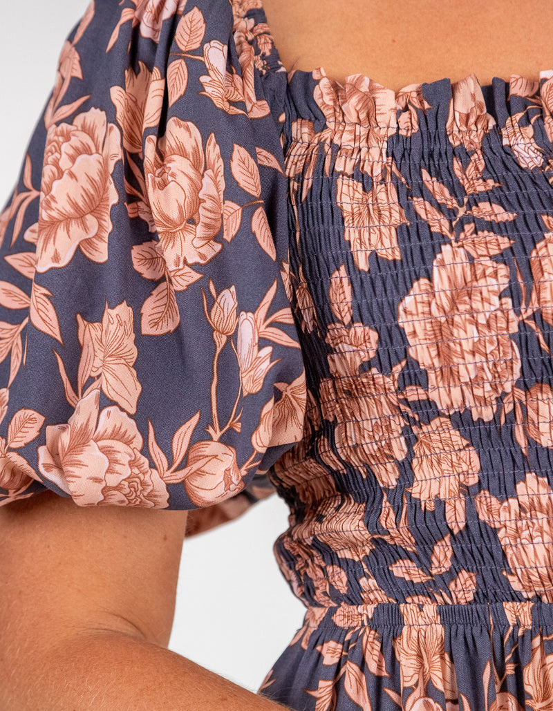 Raya Puff Sleeve Short Dress in Navy/Peach Floral