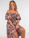 Raya Puff Sleeve Short Dress in Navy/Peach Floral