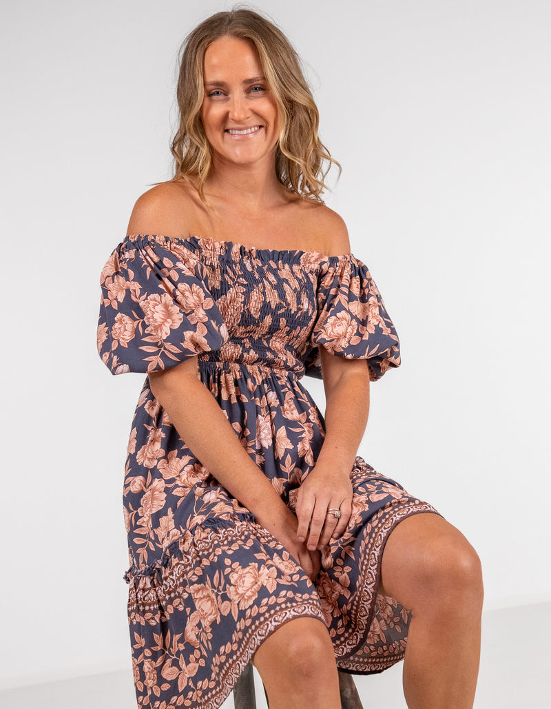 Raya Puff Sleeve Short Dress in Navy/Peach Floral
