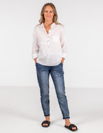 Ollie Long Sleeve Half Button Shirt in White Linen