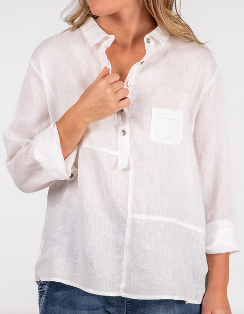 Ollie Long Sleeve Half Button Shirt in White Linen