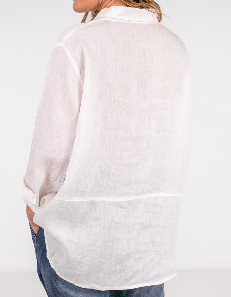 Ollie Long Sleeve Half Button Shirt in White Linen