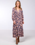 Raya V Neck Midi Dress in Navy/Peach Floral
