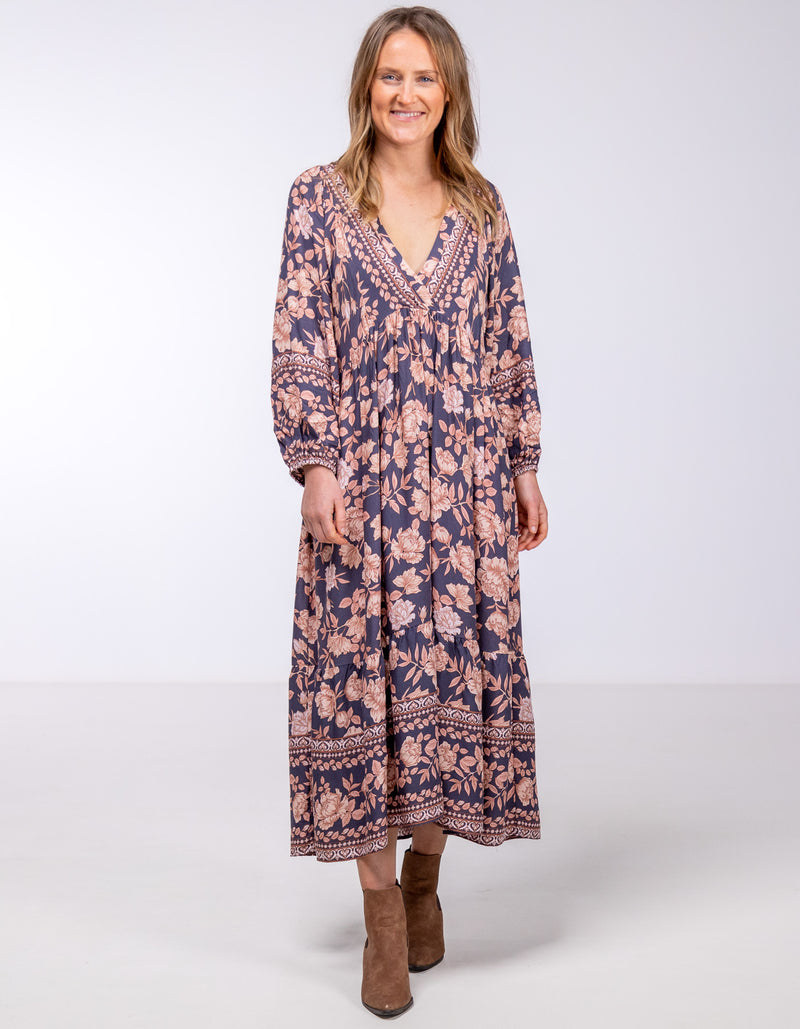 Raya V Neck Midi Dress in Navy/Peach Floral