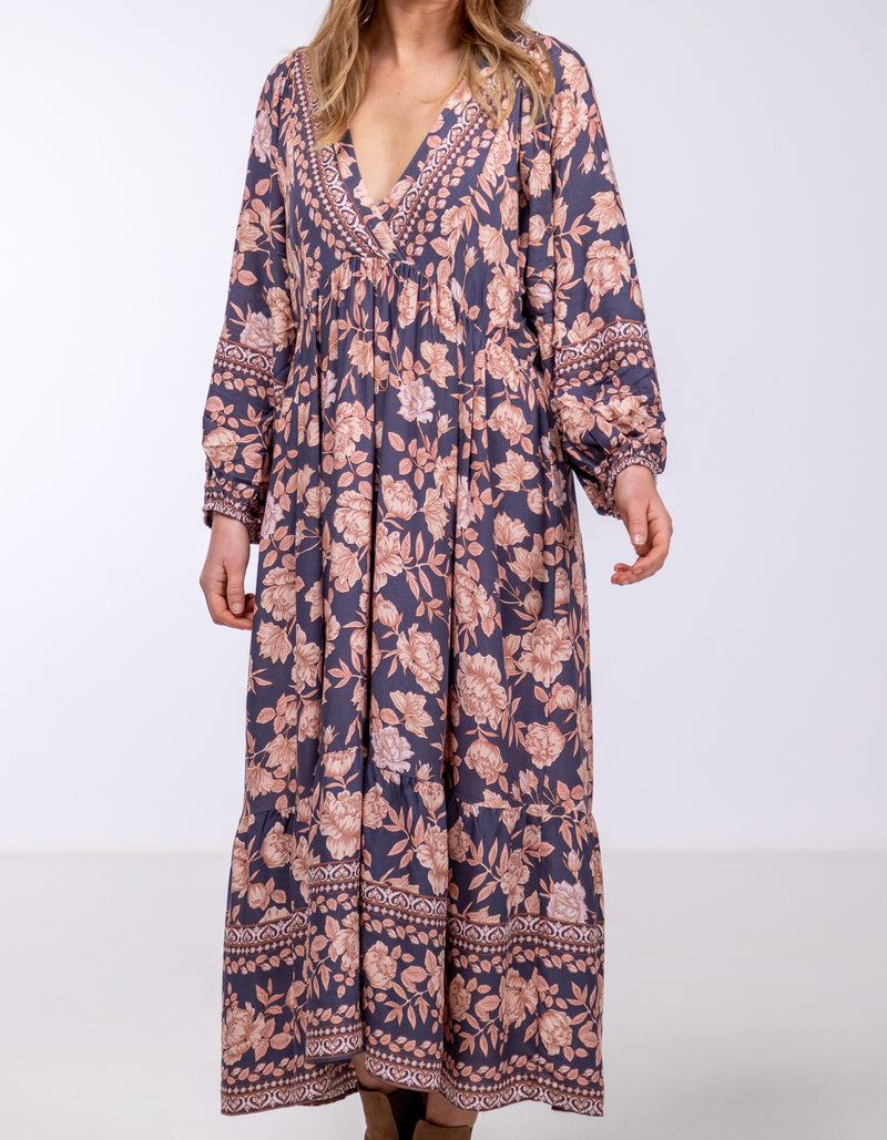 Raya V Neck Midi Dress in Navy/Peach Floral