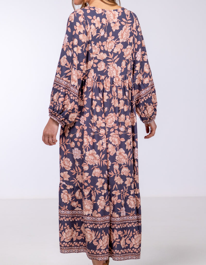Raya V Neck Midi Dress in Navy/Peach Floral