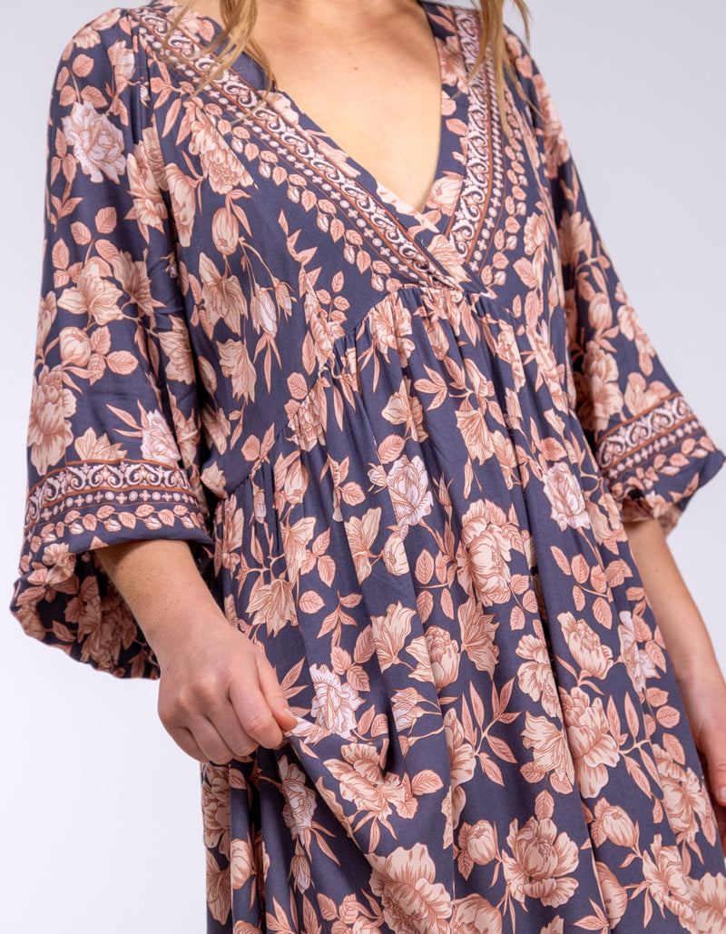 Raya V Neck Midi Dress in Navy/Peach Floral