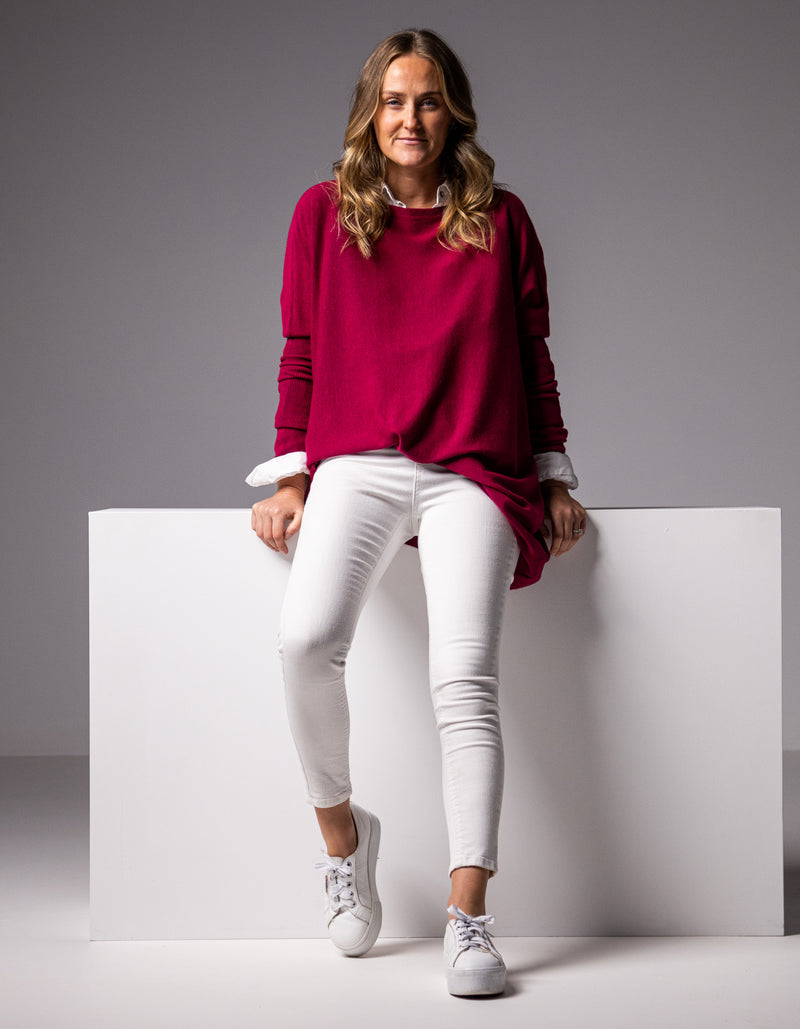 Marley Oversize 100% Cotton Knit Jumper in Raspberry
