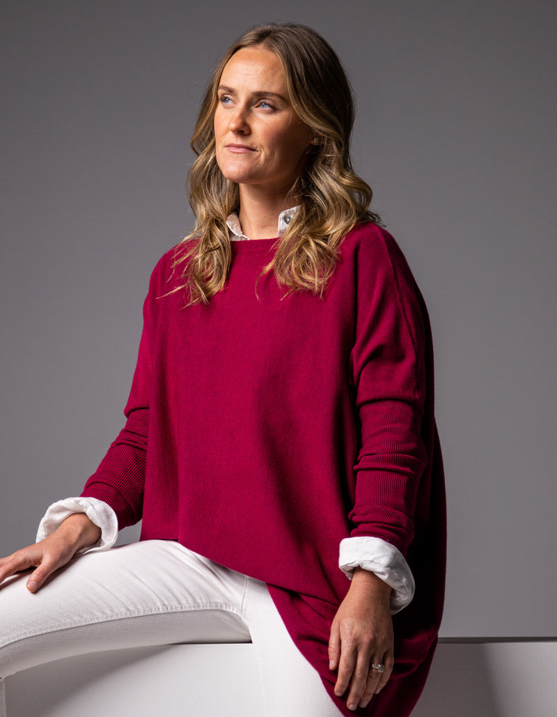 Marley Oversize 100% Cotton Knit Jumper in Raspberry