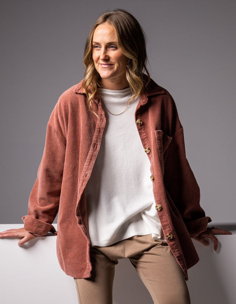 Juliet Oversized Cord Shacket in Raspberry