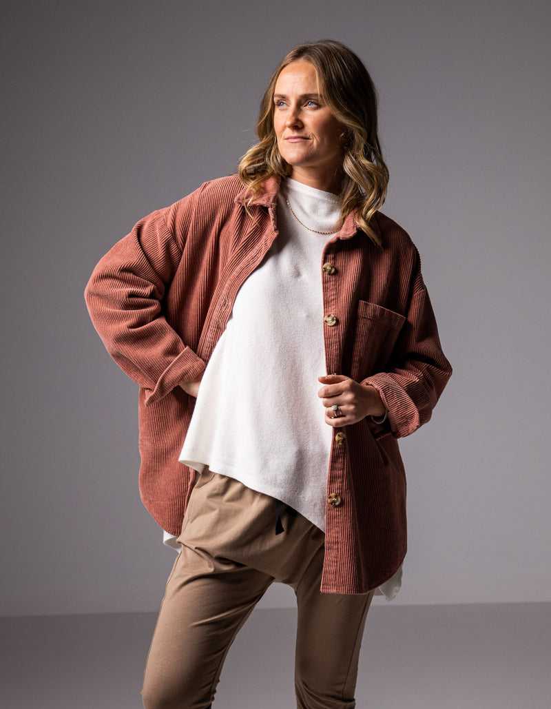 Juliet Oversized Cord Shacket in Raspberry