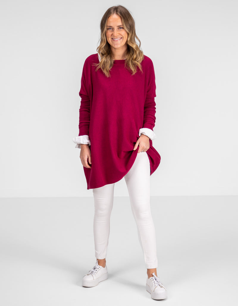 Marley Oversize 100% Cotton Knit Jumper in Raspberry