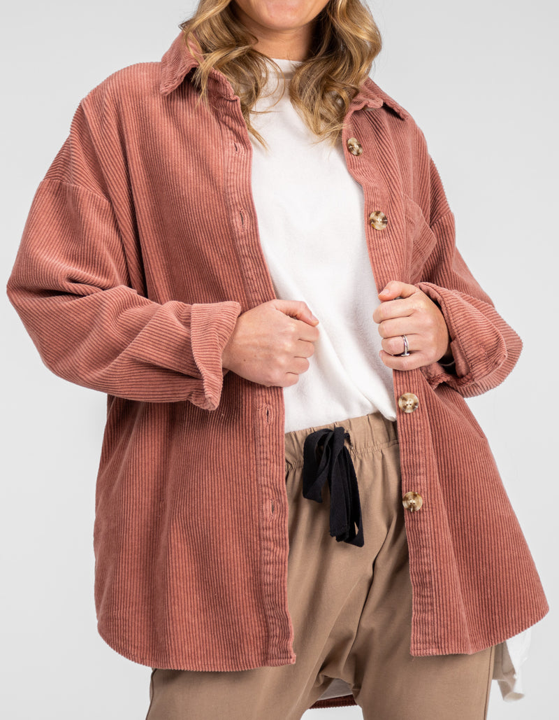 Juliet Oversized Cord Shacket in Raspberry