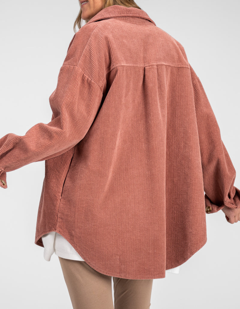 Juliet Oversized Cord Shacket in Raspberry