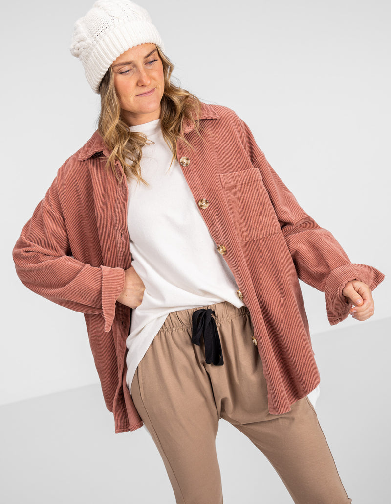 Juliet Oversized Cord Shacket in Raspberry