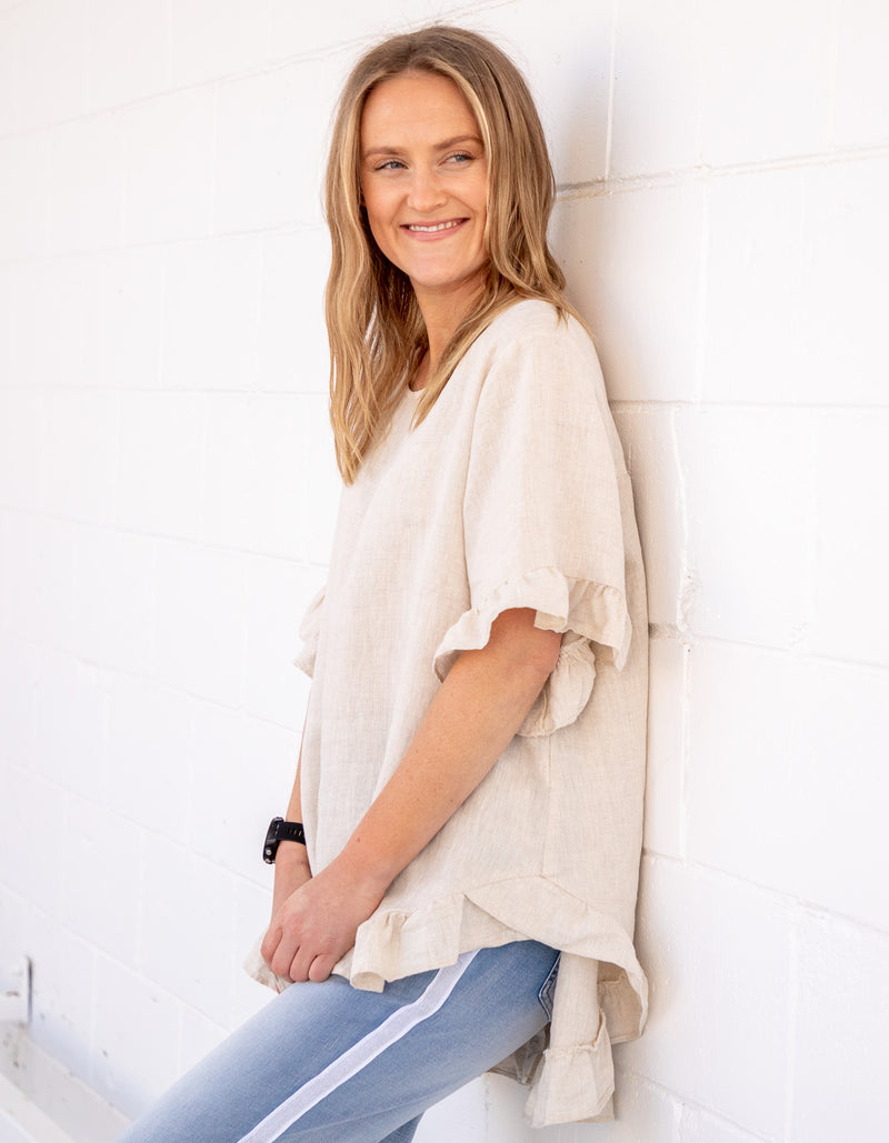 Millie Relaxed Fit Top in Beige Linen