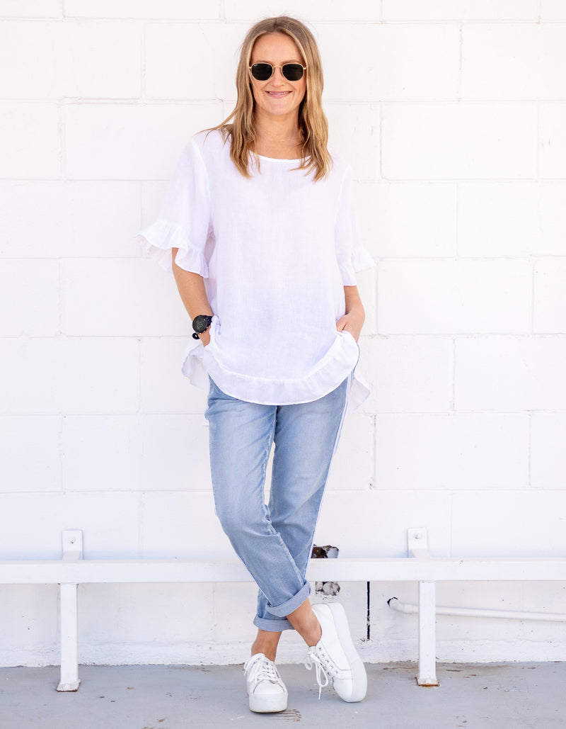 Millie Relaxed Fit Top in White Linen