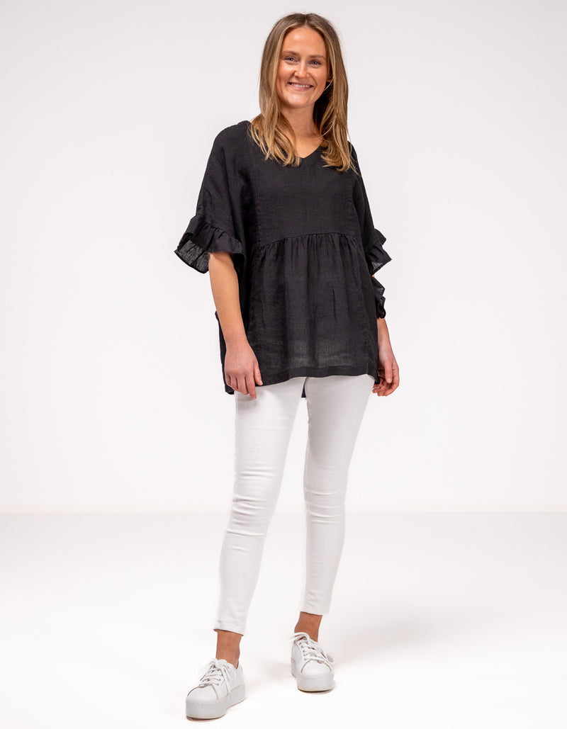 Harley V Neck Top With Frill Sleeve in Black Linen