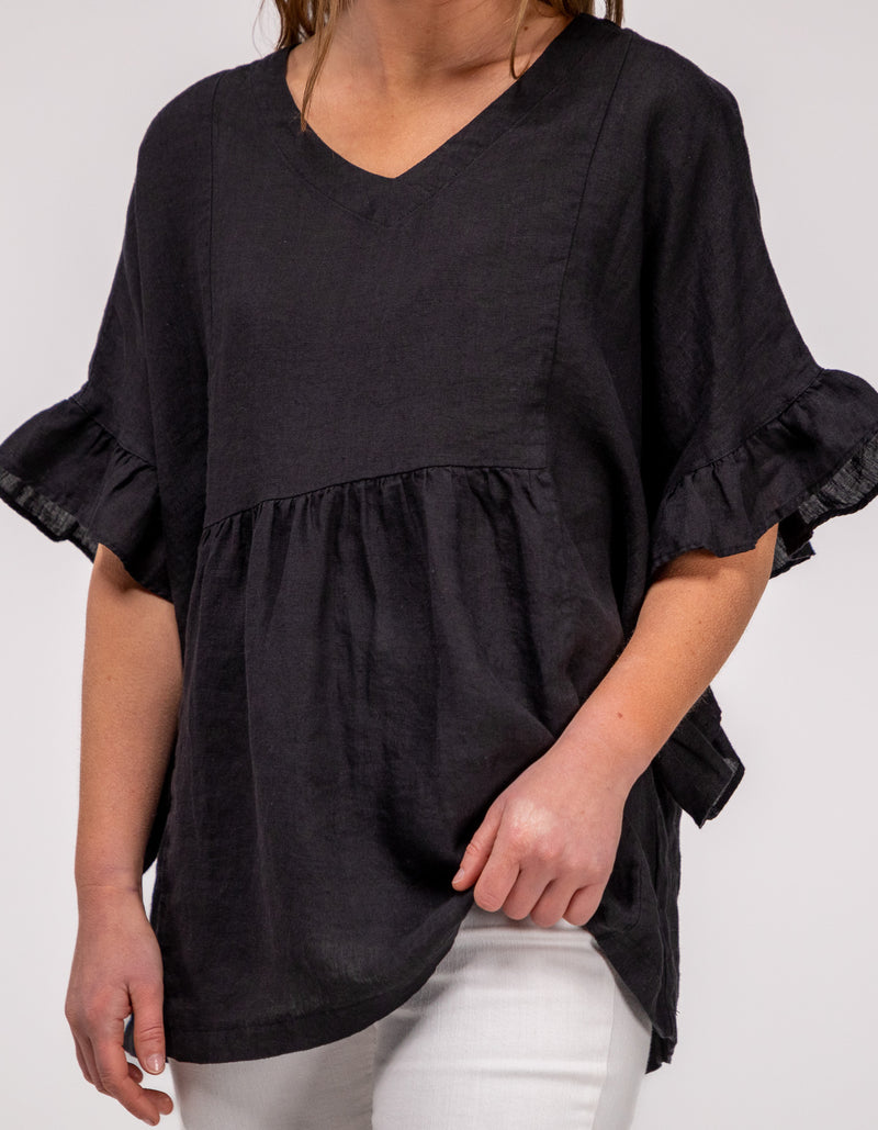 Harley V Neck Top With Frill Sleeve in Black Linen