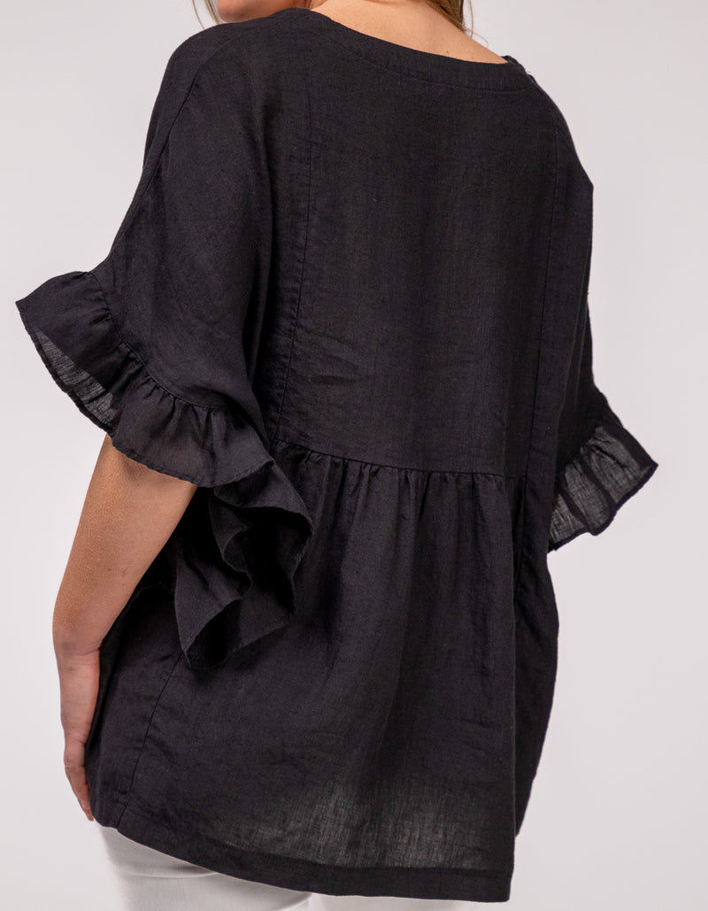 Harley V Neck Top With Frill Sleeve in Black Linen