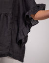 Harley V Neck Top With Frill Sleeve in Black Linen