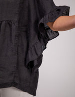 Harley V Neck Top With Frill Sleeve in Black Linen