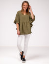Harley V Neck Top With Frill Sleeve in Khaki Linen