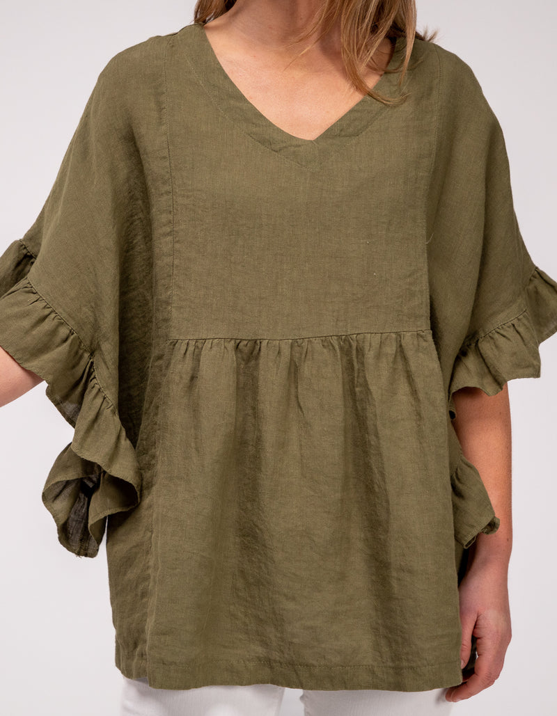 Harley V Neck Top With Frill Sleeve in Khaki Linen