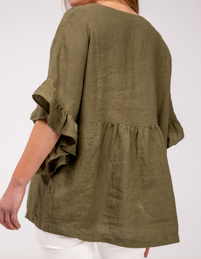 Harley V Neck Top With Frill Sleeve in Khaki Linen