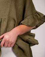 Harley V Neck Top With Frill Sleeve in Khaki Linen