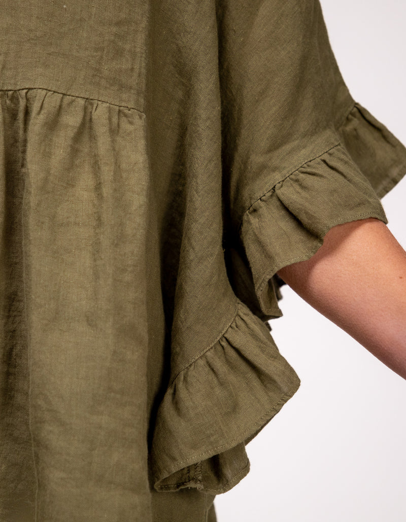 Harley V Neck Top With Frill Sleeve in Khaki Linen