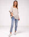 Harley V Neck Top With Frill Sleeve in Beige Linen