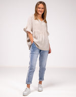 Harley V Neck Top With Frill Sleeve in Beige Linen