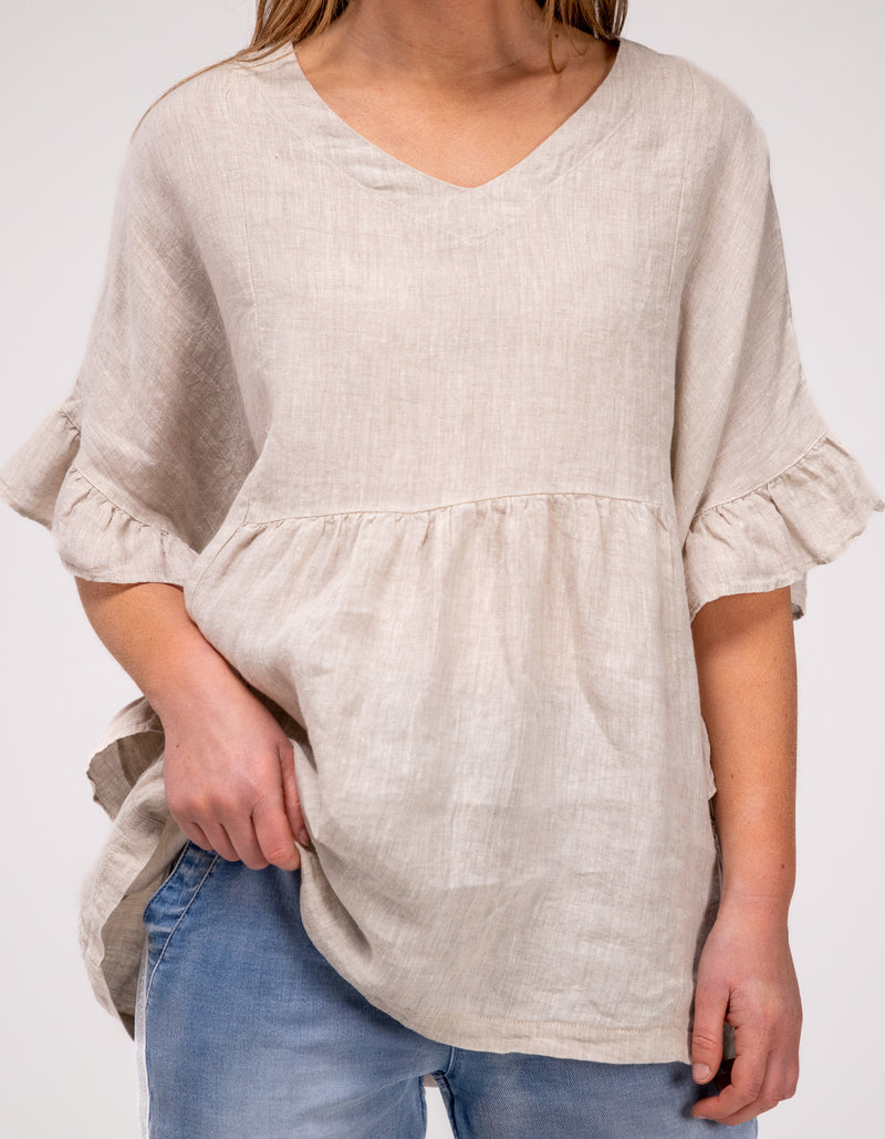 Harley V Neck Top With Frill Sleeve in Beige Linen