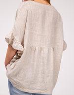 Harley V Neck Top With Frill Sleeve in Beige Linen