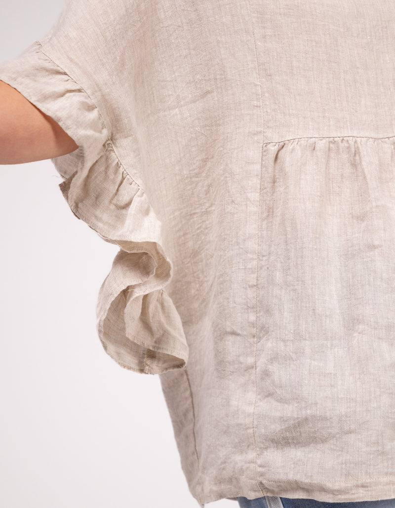 Harley V Neck Top With Frill Sleeve in Beige Linen
