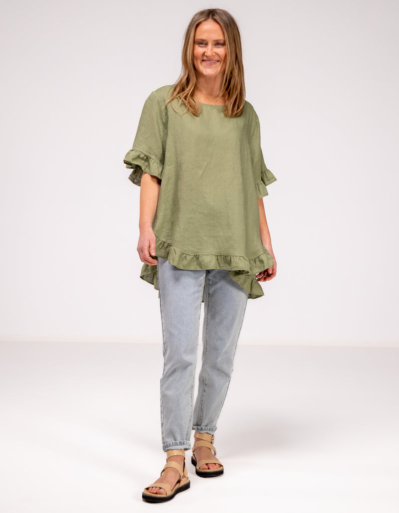 Millie Relaxed Fit Top in Khaki Linen