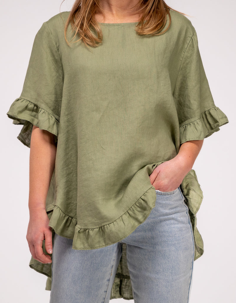 Millie Relaxed Fit Top in Khaki Linen