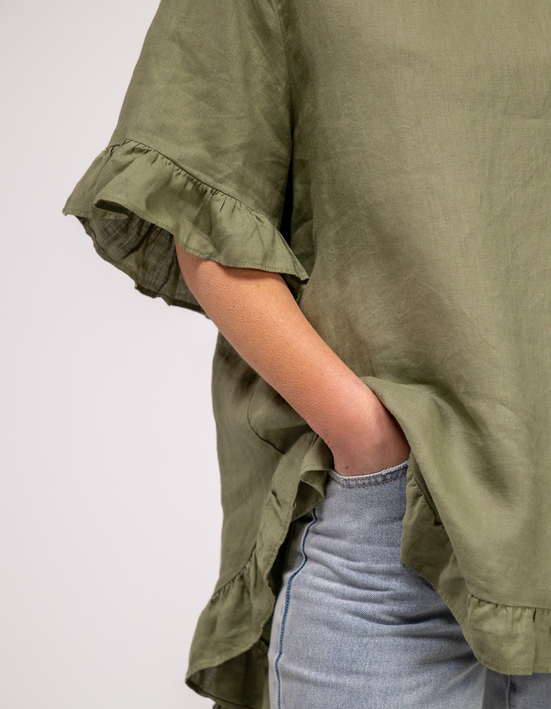 Millie Relaxed Fit Top in Khaki Linen