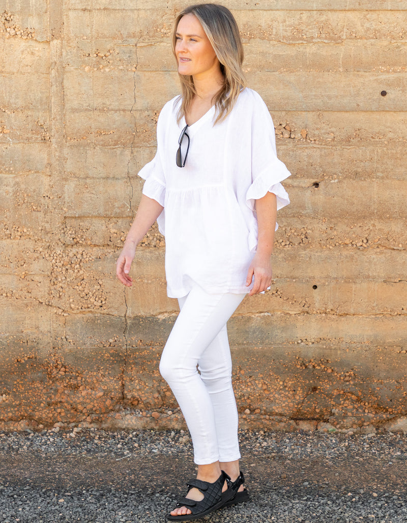 Harley V Neck Top With Frill Sleeve in White Linen